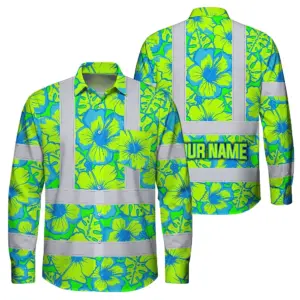 Hi Vis Hawaiian Long Sleeve Shirt Reflective Tapes Blue Neon And Green Flowers Custom Name Safety Workwear For Workers, Truckers, Operators
