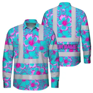 Hi Vis Hawaiian Long Sleeve Shirt Reflective Tapes Blue Neon And Pink Flowers Custom Name Safety Workwear For Workers, Truckers, Operators
