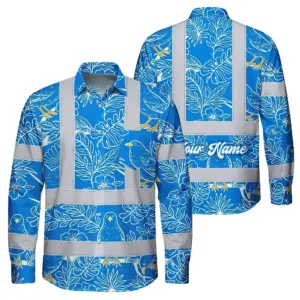 Hi Vis Hawaiian Long Sleeve Shirt Reflective Tapes Blue Neon White 2 Flowers Custom Name Safety Workwear For Workers, Truckers, Operators