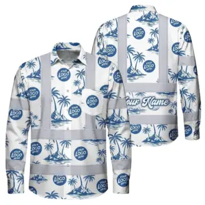 Hi Vis Hawaiian Long Sleeve Shirt Reflective Tapes Dark Blue And White Flowers Custom Name And Logo Safety Workwear For Workers, Truckers, Operators, Company