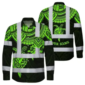 Hi Vis Hawaiian Long Sleeve Shirt Reflective Tapes Green Turtle Flower Hawaiian Polynesian Tribal Custom Name Safety Workwear For Workers, Truckers, Operators