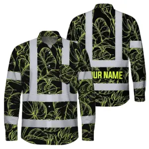 Hi Vis Hawaiian Long Sleeve Shirt Reflective Tapes Lime Neon Flowers Custom Name Safety Workwear For Workers, Truckers, Operators