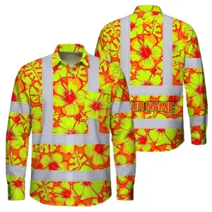 Hi Vis Hawaiian Long Sleeve Shirt Reflective Tapes Orange Neon And Yellow Flowers Custom Name Safety Workwear For Workers, Truckers, Operators