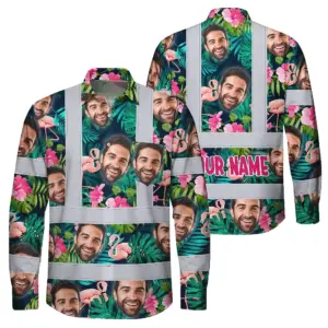 Hi Vis Hawaiian Long Sleeve Shirt Reflective Tapes Pink And Green 2 Custom Name And Photo Safety Workwear For Workers, Truckers, Operators