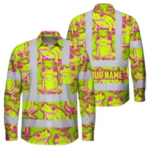 Hi Vis Hawaiian Long Sleeve Shirt Reflective Tapes Pink And Lime Neon Frog Custom Name Safety Workwear For Workers, Truckers, Operators
