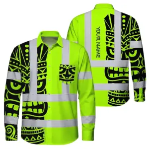 Hi Vis Hawaiian Long Sleeve Shirt Reflective Tapes TiKi Hawaiian Polynesian Tribal Custom Name Safety Workwear For Workers, Truckers