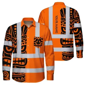 Hi Vis Hawaiian Long Sleeve Shirt Reflective Tapes TiKi Hawaiian Orange Neon Polynesian Tribal Custom Name Safety Workwear For Workers, Truckers, Operators