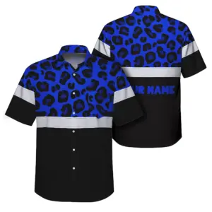 Hi Vis Hawaiian Shirt Reflective Blue Leopard Custom Name Safety Workwear For Workers, Truckers, Operators