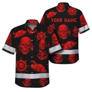 Hi Vis Hawaiian Shirt Reflective Tapes Black Red Skull Boat Custom Name Safety Workwear For Workers, Truckers, Operators