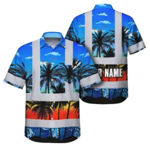 Hi Vis Hawaiian Shirt Reflective Tapes Blue Coconut Tree Custom Name Safety Workwear For Workers, Truckers, Operators