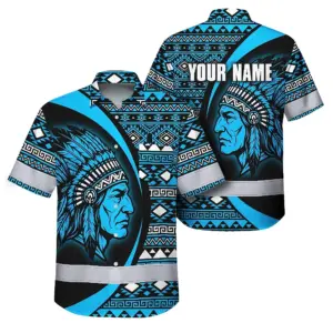 Hi Vis Hawaiian Shirt Reflective Tapes Blue Native Custom Name Safety Workwear For Workers, Truckers, Operators