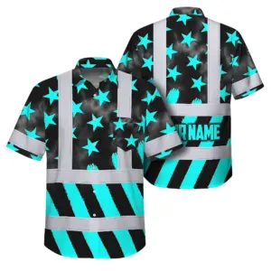 Hi Vis Hawaiian Shirt Reflective Tapes Blue Neon US Flag Custom Name Safety Workwear For Workers, Truckers, Operators