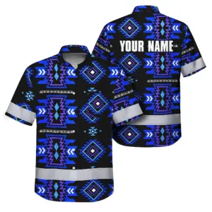 Hi Vis Hawaiian Shirt Reflective Tapes Blue Violet Native Custom Name Safety Workwear For Workers, Truckers, Operators