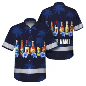Hi Vis Hawaiian Shirt Reflective Tapes Dark Blue Flower Drink Tropical Custom Name Safety Workwear For Workers, Truckers, Operators