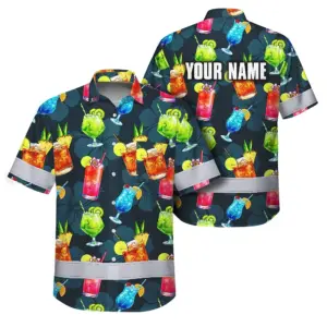 Hi Vis Hawaiian Shirt Reflective Tapes Dark Green Drink Tropical Custom Name Safety Workwear For Workers, Truckers, Operators