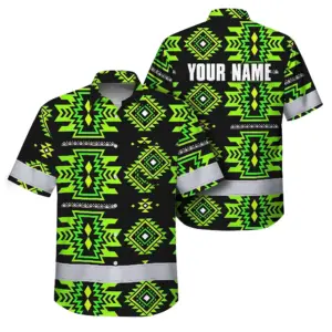Hi Vis Hawaiian Shirt Reflective Tapes Gradient Green Native Custom Name Safety Workwear For Workers, Truckers, Operators