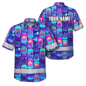 Hi Vis Hawaiian Shirt Reflective Tapes Gradient Violet Drink Tropical Custom Name Safety Workwear For Workers, Truckers, Operators