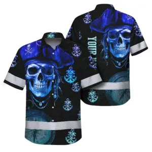 Hi Vis Hawaiian Shirt Reflective Tapes Green Black 2 Skull Boat Custom Name Safety Workwear For Workers, Truckers, Operators