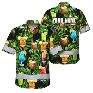 Hi Vis Hawaiian Shirt Reflective Tapes Green Flower Drink Tropical Custom Name Safety Workwear For Workers, Truckers, Operators