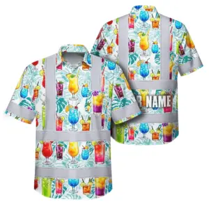 Hi Vis Hawaiian Shirt Reflective Tapes Green Leaf Drink Tropical Custom Name Safety Workwear For Workers, Truckers, Operators