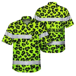 Hi Vis Hawaiian Shirt Reflective Tapes Green Leopard Custom Name Safety Workwear For Workers, Truckers, Operators