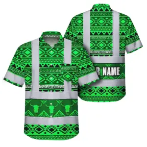 Hi Vis Hawaiian Shirt Reflective Tapes Green Neon Native Custom Name Safety Workwear For Workers, Truckers, Operators