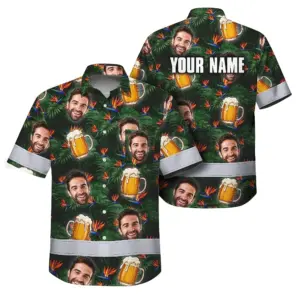 Hi Vis Hawaiian Shirt Reflective Tapes Green Orange Drink Tropical Custom Name Safety Workwear For Workers, Truckers, Operators
