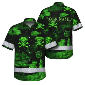 Hi Vis Hawaiian Shirt Reflective Tapes Green Skull Boat Custom Name Safety Workwear For Workers, Truckers, Operators