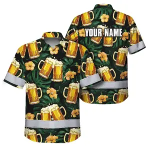Hi Vis Hawaiian Shirt Reflective Tapes Green Yellow Drink Tropical Custom Name Safety Workwear For Workers, Truckers, Operators