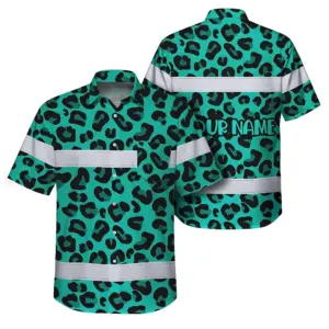 Hi Vis Hawaiian Shirt Reflective Tapes Mint Leopard Custom Name Safety Workwear For Workers, Truckers, Operators