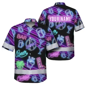 Hi Vis Hawaiian Shirt Reflective Tapes Neon Drink Tropical 2 Custom Name Safety Workwear For Workers, Truckers, Operators