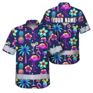 Hi Vis Hawaiian Shirt Reflective Tapes Neon Drink Tropical Custom Name Safety Workwear For Workers, Truckers, Operators
