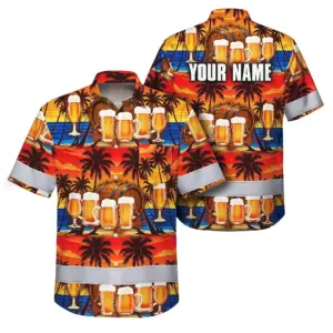 Hi Vis Hawaiian Shirt Reflective Tapes Orange Drink Tropical Custom Name Safety Workwear For Workers, Truckers, Operators