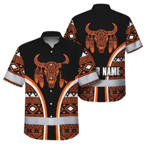 Hi Vis Hawaiian Shirt Reflective Tapes Orange Neon Skull Native Custom Name Safety Workwear For Workers, Truckers, Operators