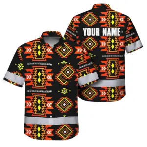 Hi Vis Hawaiian Shirt Reflective Tapes Orange Yellow Native Custom Name Safety Workwear For Workers, Truckers, Operators