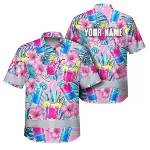 Hi Vis Hawaiian Shirt Reflective Tapes Pink Blue Flower Drink Tropical Custom Name Safety Workwear For Workers, Truckers, Operators