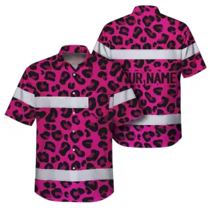 Hi Vis Hawaiian Shirt Reflective Tapes Pink Leopard Custom Name Safety Workwear For Workers, Truckers, Operators