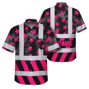 Hi Vis Hawaiian Shirt Reflective Tapes Pink Neon US Flag Custom Name Safety Workwear For Workers, Truckers, Operators