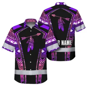 Hi Vis Hawaiian Shirt Reflective Tapes Pink Violet Neon Native Custom Name Safety Workwear For Workers, Truckers, Operators