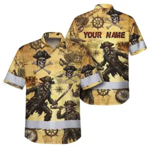 Hi Vis Hawaiian Shirt Reflective Tapes Skull Boat Custom Name Safety Workwear For Workers, Truckers, Operators