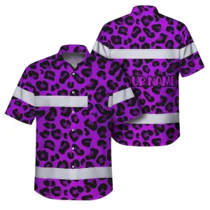 Hi Vis Hawaiian Shirt Reflective Tapes Violet Leopard Custom Name Safety Workwear For Workers, Truckers, Operators