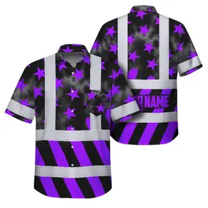 Hi Vis Hawaiian Shirt Reflective Tapes Violet Neon US Flag Custom Name Safety Workwear For Workers, Truckers, Operators
