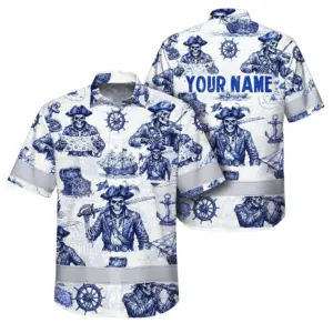 Hi Vis Hawaiian Shirt Reflective Tapes White Blue Skull Boat Custom Name Safety Workwear For Workers, Truckers, Operators