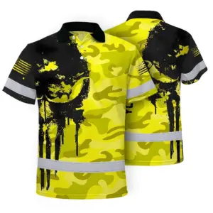 Hi Vis Polo Shirt American Flag, Yellow Neon Custom Name Reflective Short Sleeve Button-up Safety Shirt for Workers