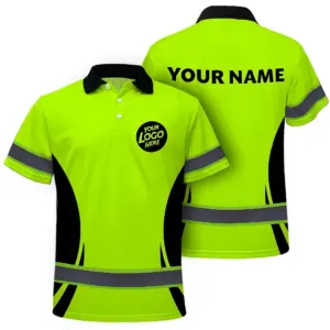 Hi Vis Polo Shirt, Green Reflective  Custom Name Safety Uniform Workwear Short Sleeve Shirts for Worker, trucker, construtor