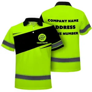 Hi Vis Polo Shirt, Green Reflective  Custom Name Safety Uniform Workwear Short Sleeve Shirts for Worker, trucker, construtor