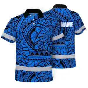 Hi Vis Polo Shirt Reflective Tapes Blue Neon Polynesian Tribal Custom Name Safety Workwear For Workers, Truckers, Operators