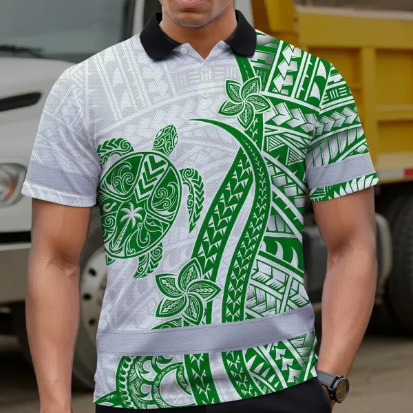 hi-vis-polo-shirt-reflective-tapes-dark-green-neon-polynesian-turtle-a6c61.webp