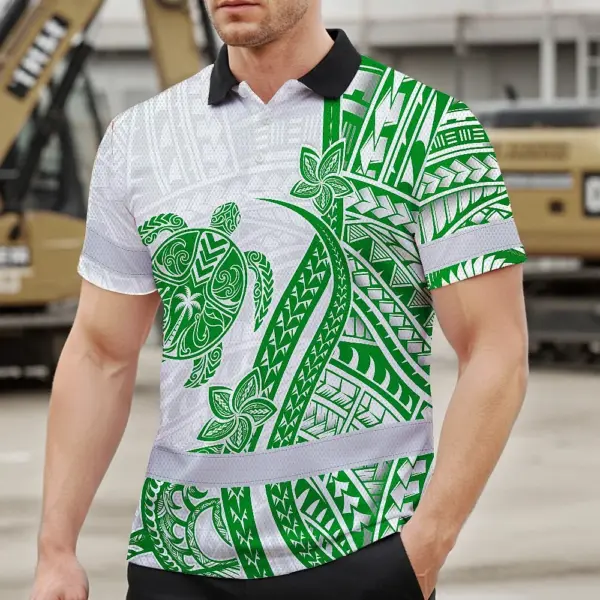hi-vis-polo-shirt-reflective-tapes-dark-green-neon-polynesian-turtle-e718a.webp