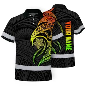 Hi Vis Polo Shirt Reflective Tapes Gradient Green Orange Polynesian Tribal Custom Name Safety Workwear For Workers, Truckers, Operators